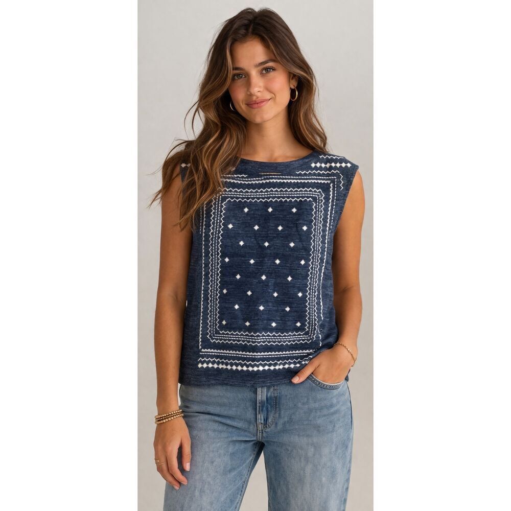 Banana Republic Sleeveless Embroidered Blue White Top Women’s S